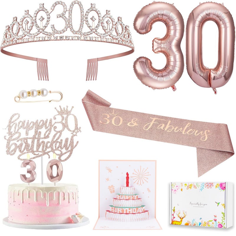 Awfrky 8pcs 30th Birthday Gifts Decorations for Her  Including 30th Happy Birthday Cake Toppers  Birthday Queen Sash with Pearl Pin  Sweet Rhinestone Tiara Crown  Number Candles and Balloons Set  Rose Gold - Image 1